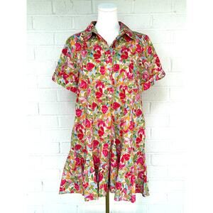 Entro Floral Button Dress Multicolor Collared Short Sleeve Tiered Hem Boho M